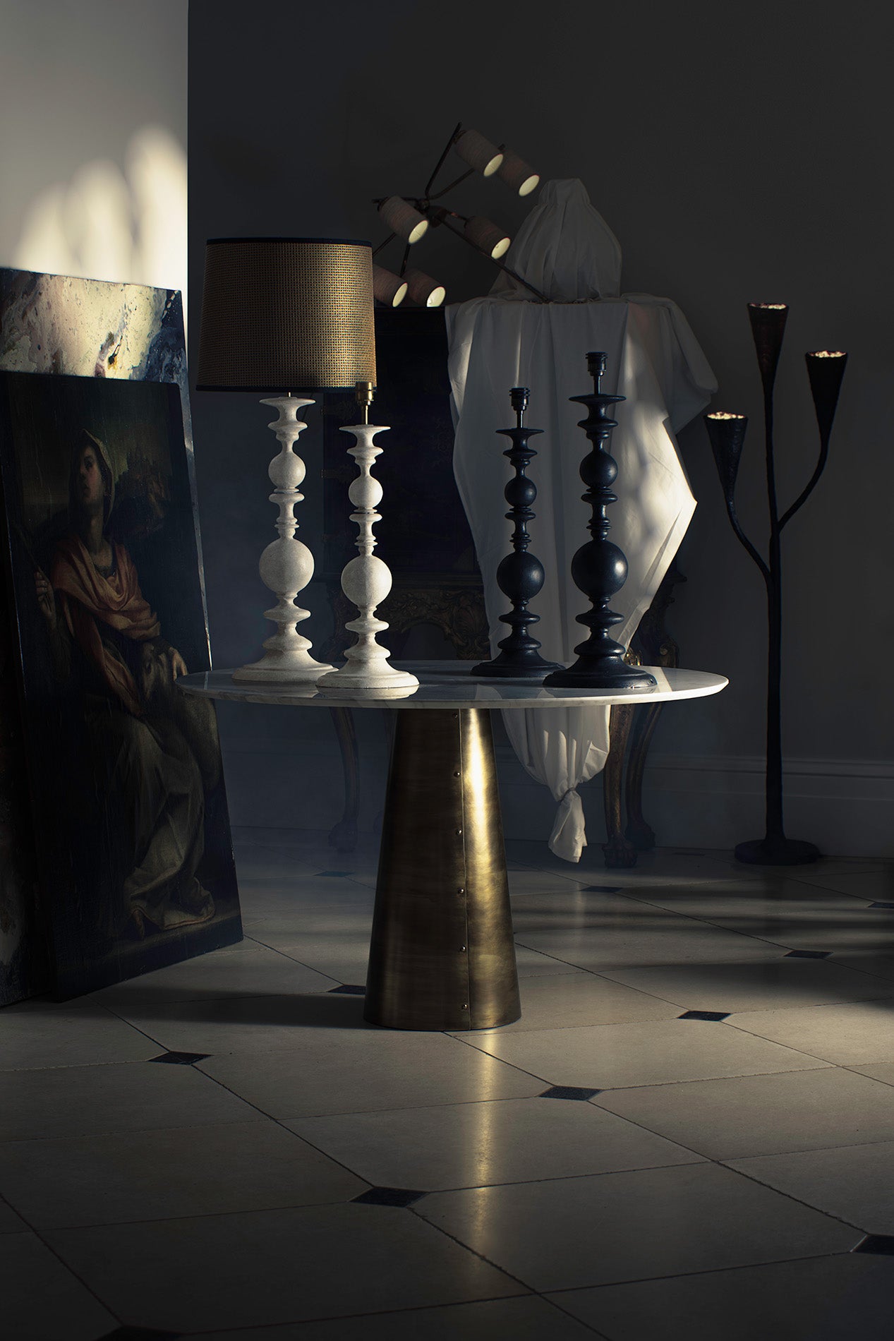 Havisham lamps on melville table with Ophelia Floor and Clare Chandelier in the background