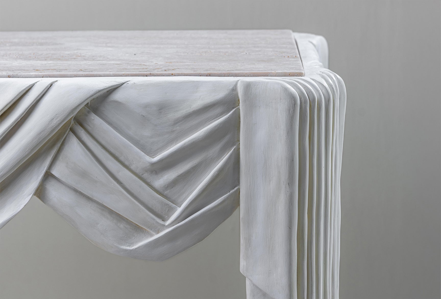 Anziano White with Romano Travertine unfilled and honed marble