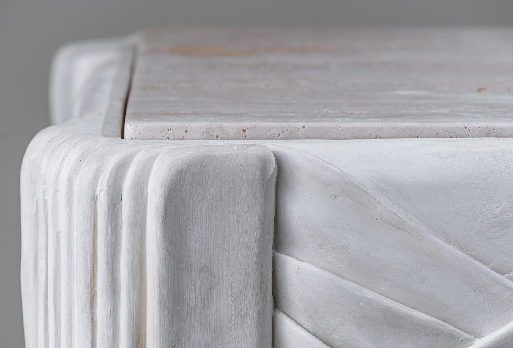 Anziano White with Romano Travertine unfilled and honed marble