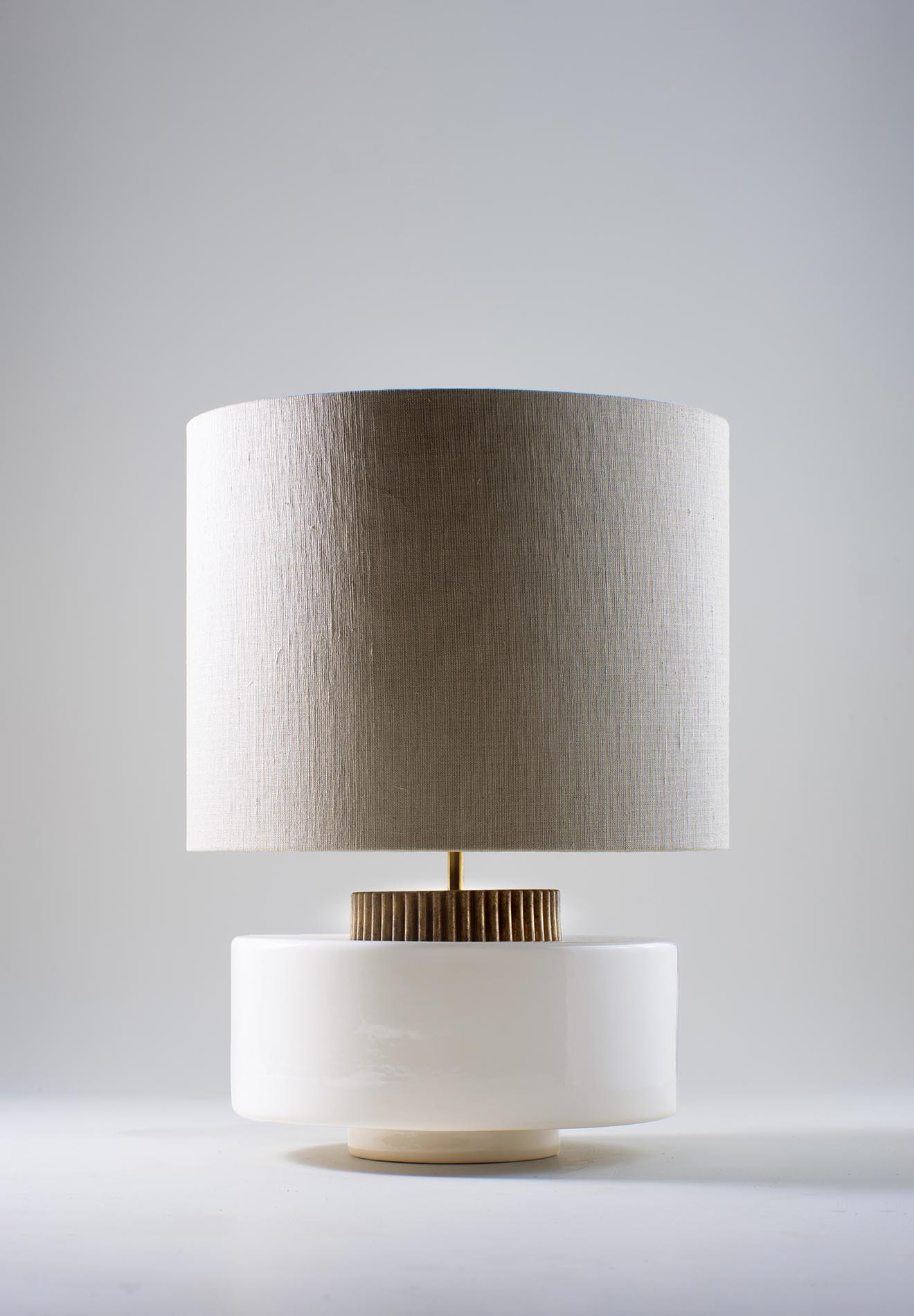 Stone with White Gold collar shown with 16" Tall Cylinder in Ghost Silk Linen and Cream Card Lining