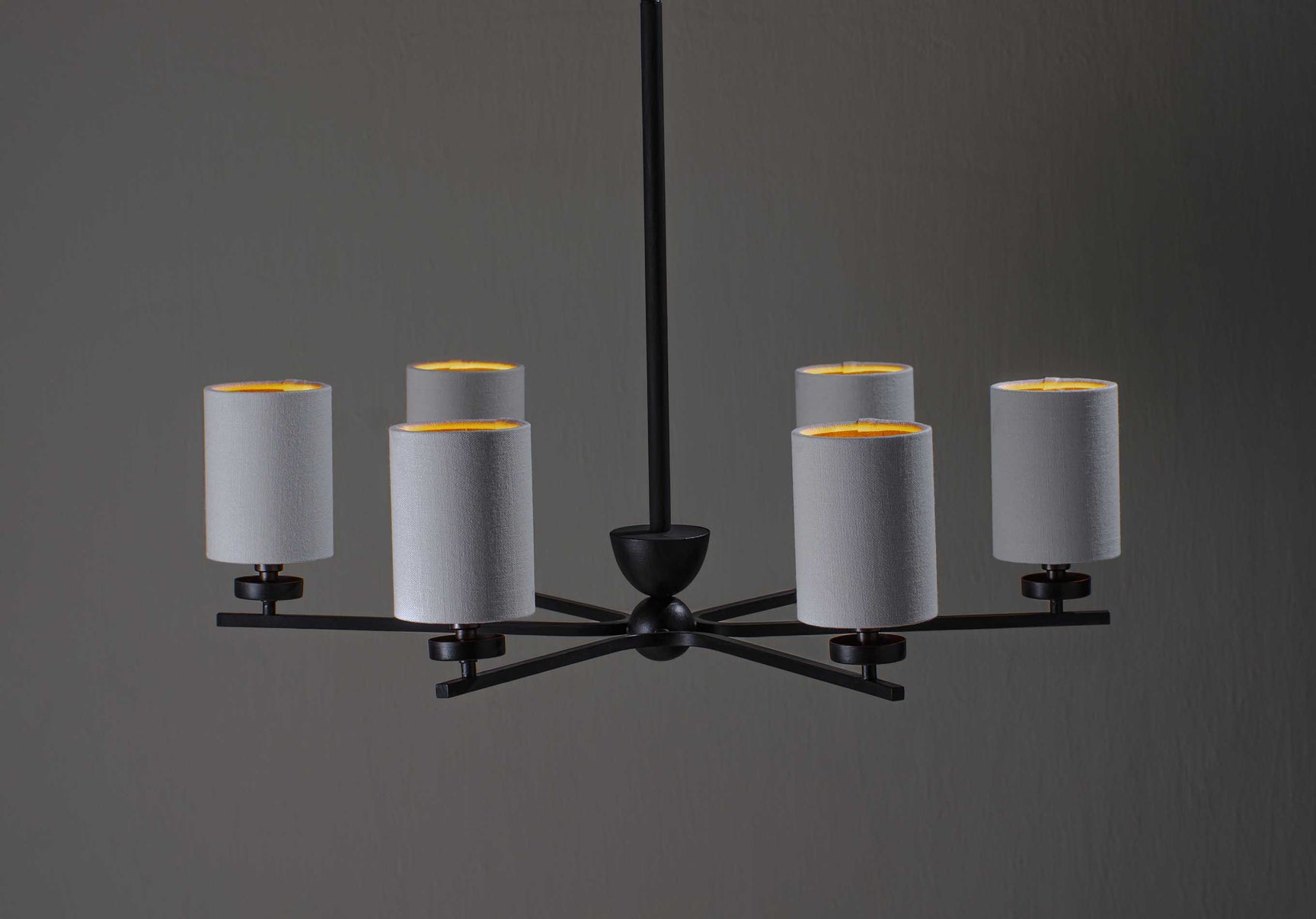 Nero with 6 x 3.5" Top Hat lampshades in Chalk Linen with Gold card  lining