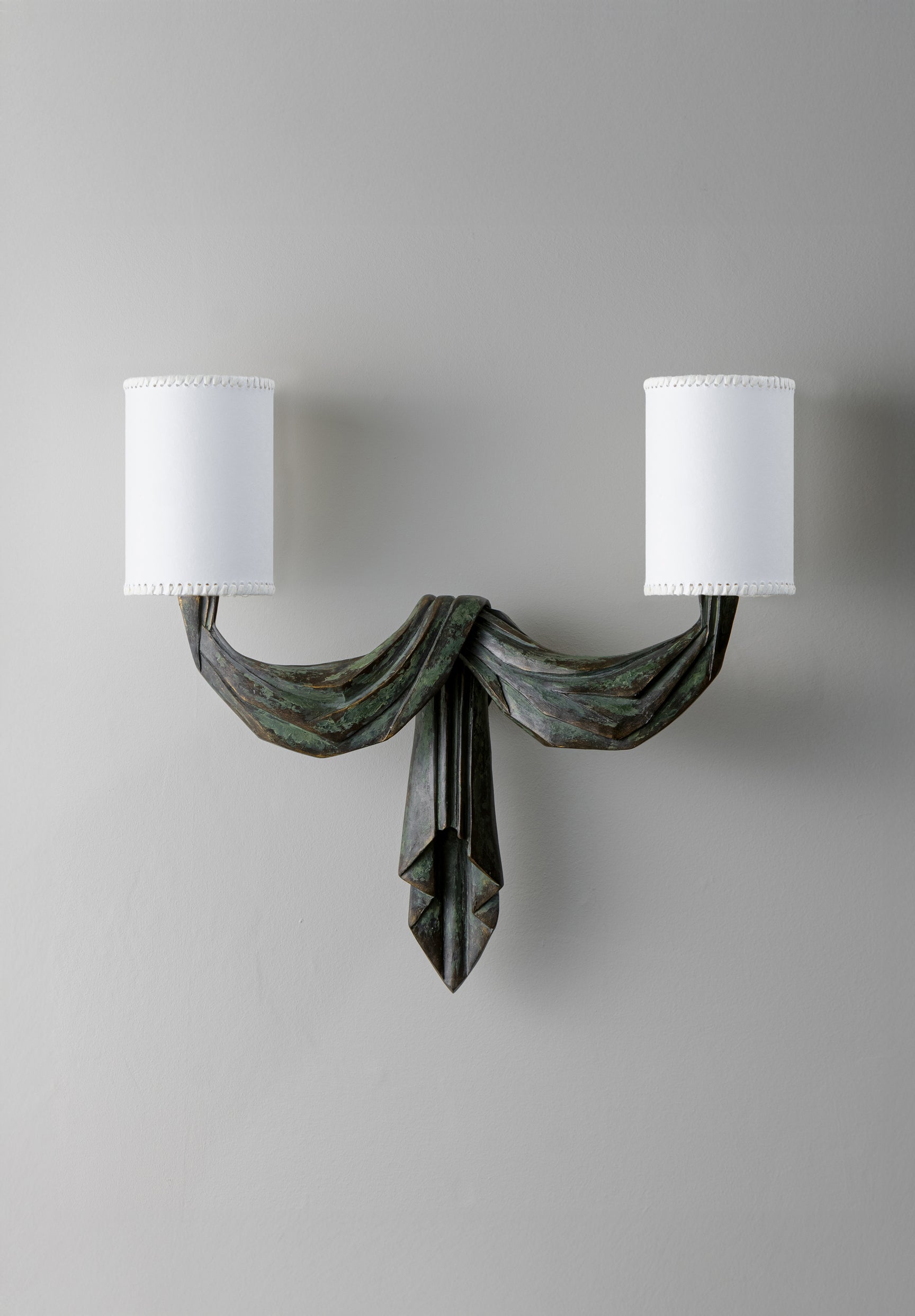 Gilted Verdigris with 4" Cylinder in Paper and Chalk raffia binding