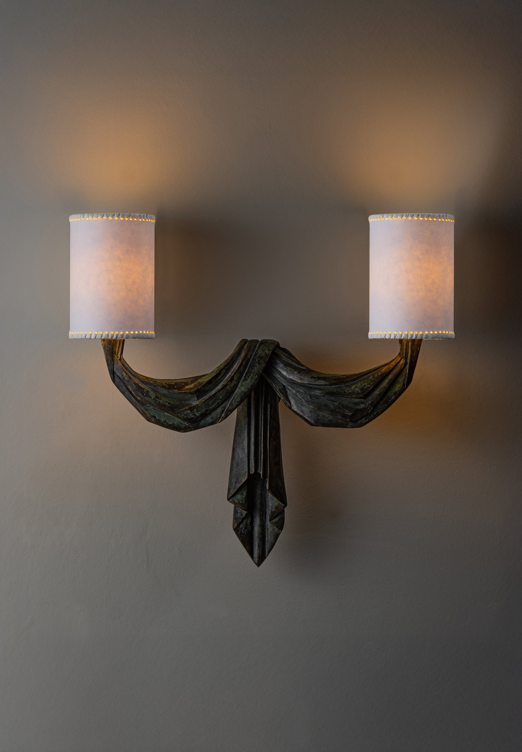 Gilted Verdigris with 4" Cylinder in Paper and Chalk raffia binding