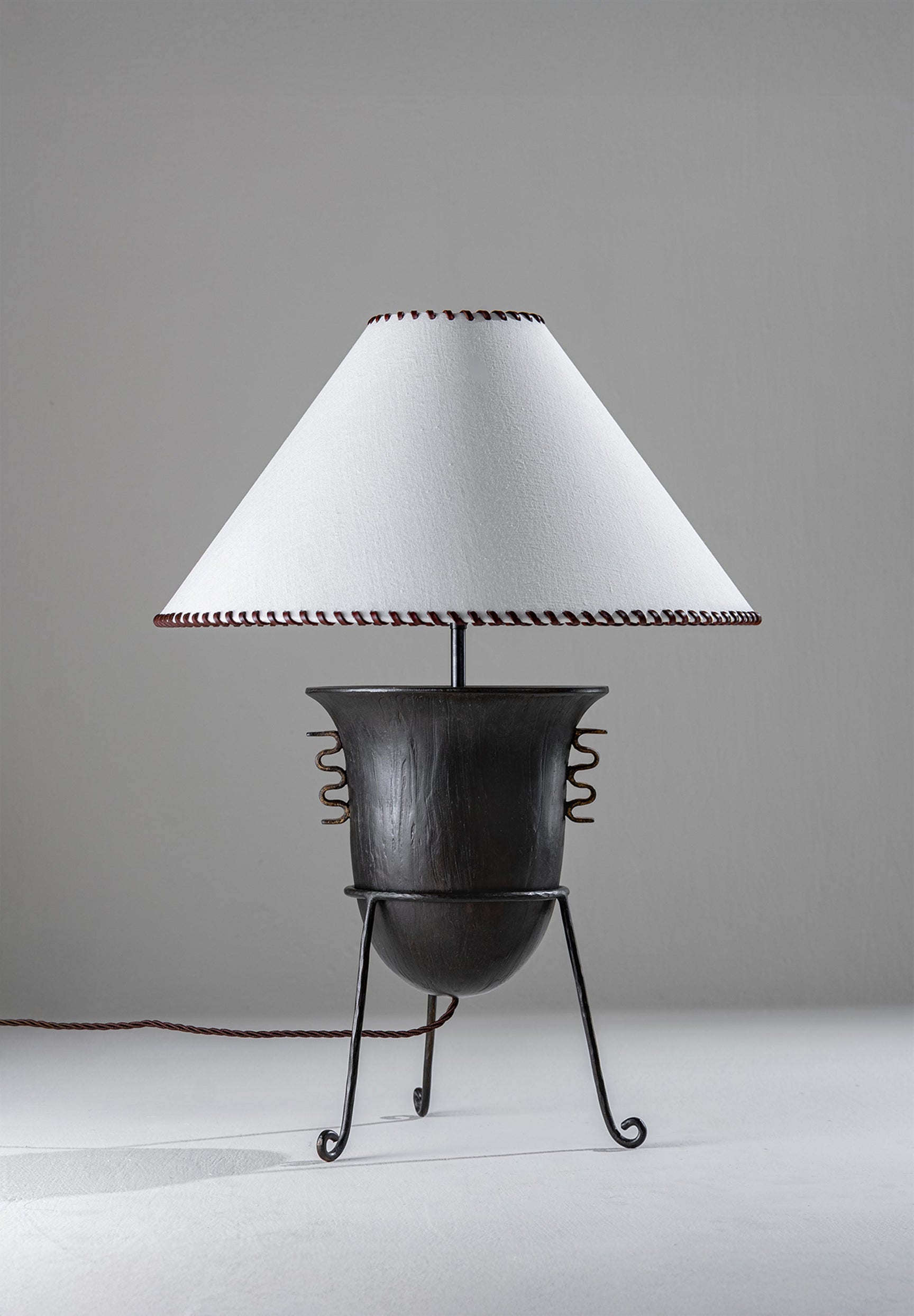 New Bronze and Distressed Gold with 20" Coolie in Chalk linen with Espresso leather binding