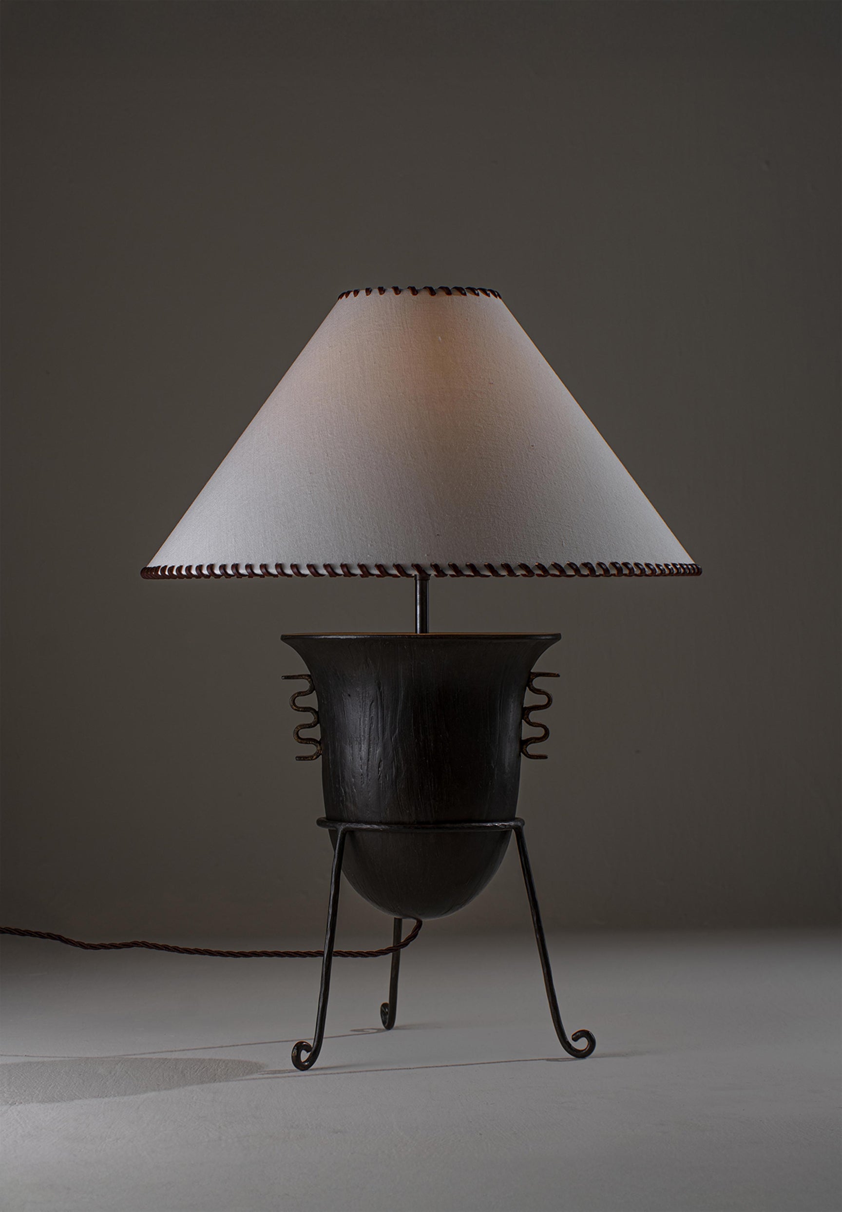 New Bronze and Distressed Gold with 20" Coolie in Chalk linen with Espresso leather binding