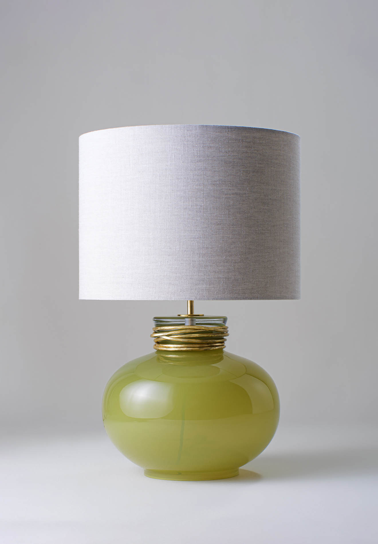 Split Pea with Bodu Gold collar shown with 16" Tall Cylinder in Natural Linen with Cream Card lining