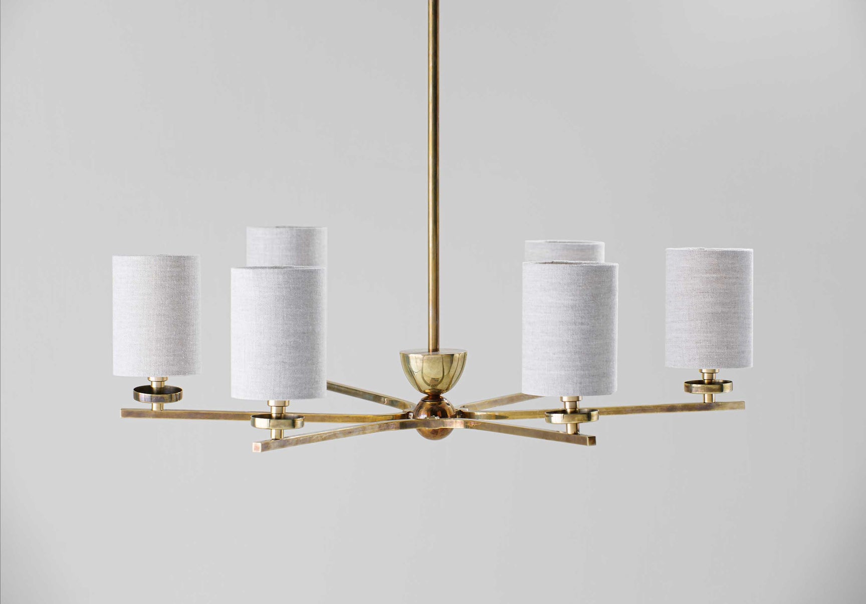 Antiqued Brass with 6 x 3.5" Top Hat lampshades in Natural Linen with Cream Card lining