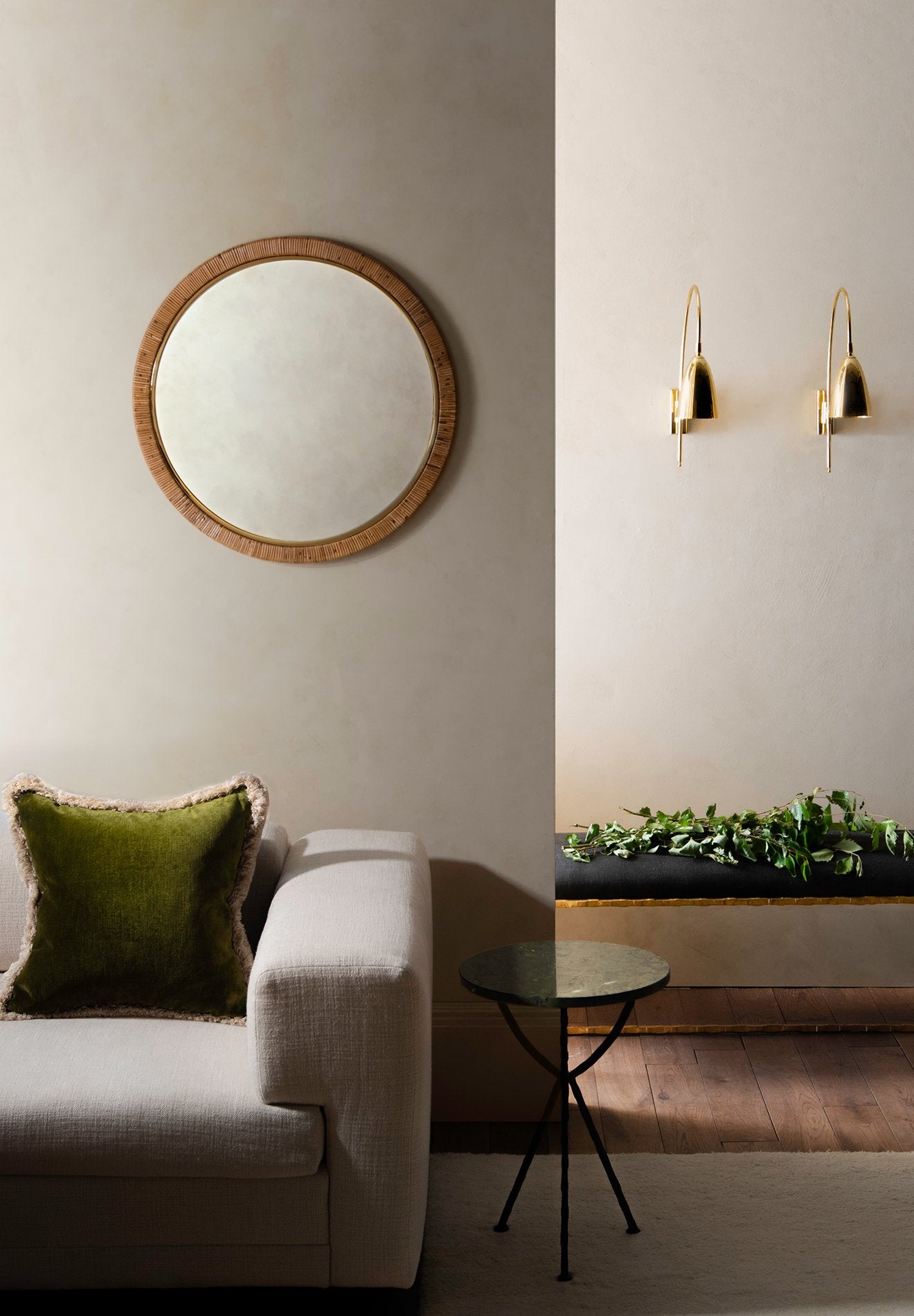 Kingsley in Gold, Giacometti Cocktail table in Carbon with Verde Fantastico, Holden Mirror