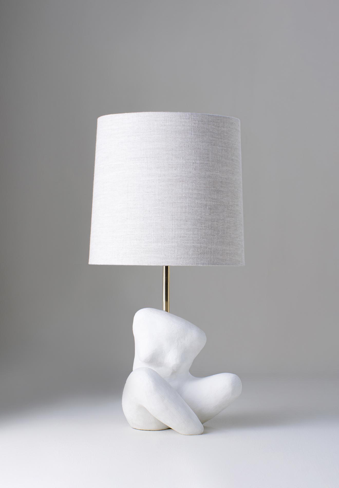 Plaster White shown in 12" Fez in Natural Linen and Cream Card Lining with Brass stem